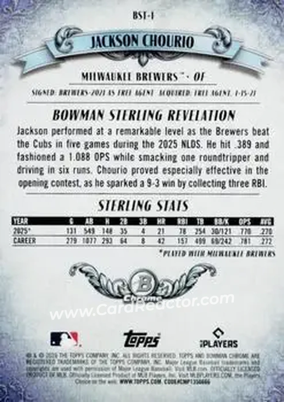 2026 Bowman - Bowman Sterling Mojo Refractors #BST-1 - Jackson Chourio - Milwaukee Brewers - Back