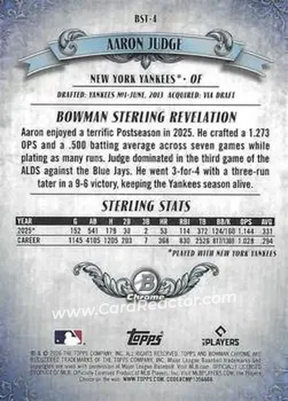 2026 Bowman - Bowman Sterling Mojo Refractors #BST-4 - Aaron Judge - New York Yankees - Back