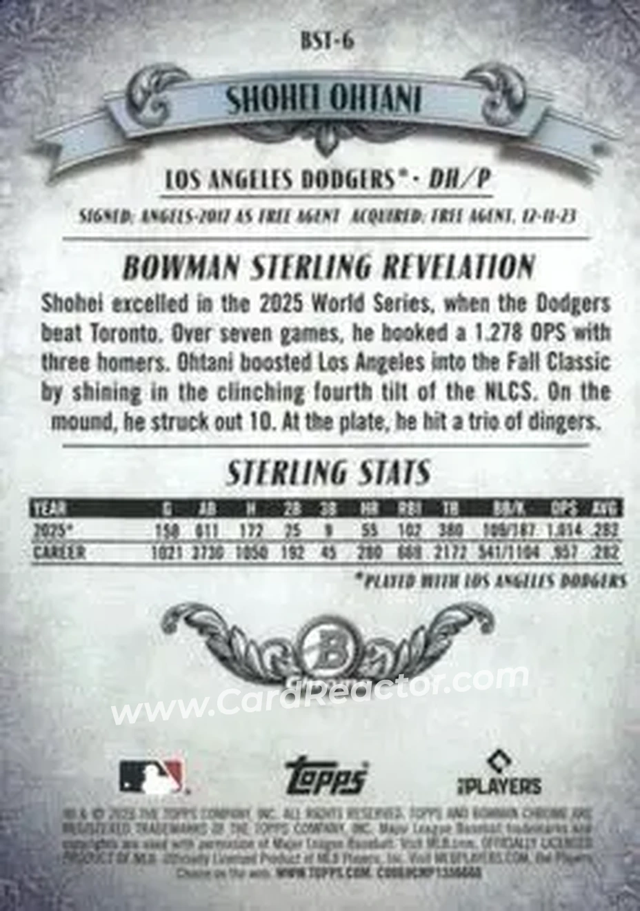 2026 Bowman - Bowman Sterling Mojo Refractors #BST-6 - Shohei Ohtani - Los Angeles Dodgers - Back