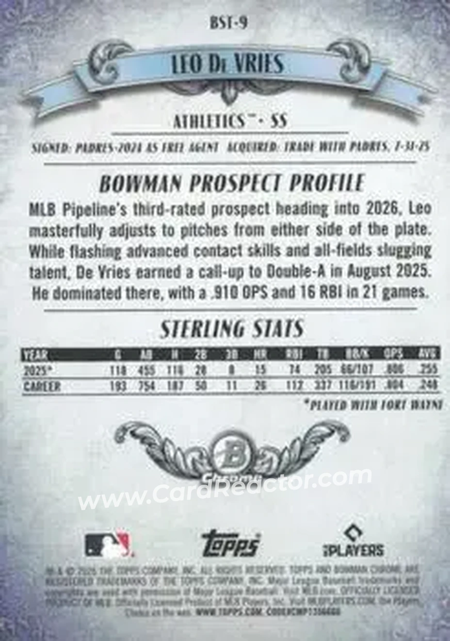 2026 Bowman - Bowman Sterling Mojo Refractors #BST-9 - Leo De Vries - Athletics - Back