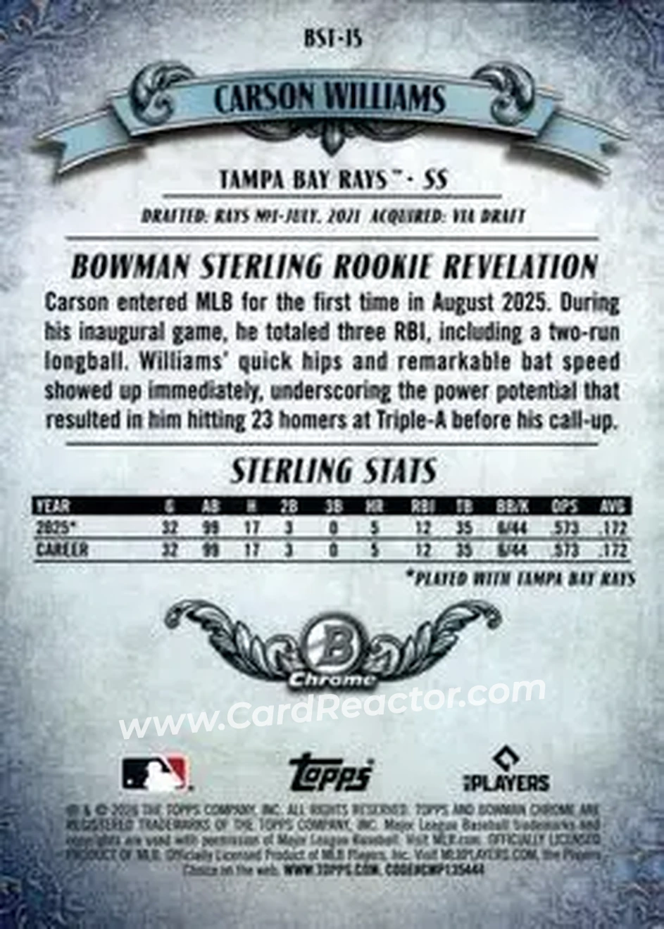 2026 Bowman - Bowman Sterling Red Refractors #BST-15 - Carson Williams - Tampa Bay Rays - Back 2026 Bowman - Bowman Sterling Red Refractors #BST-15 - Carson Williams - Tampa Bay Rays - Back