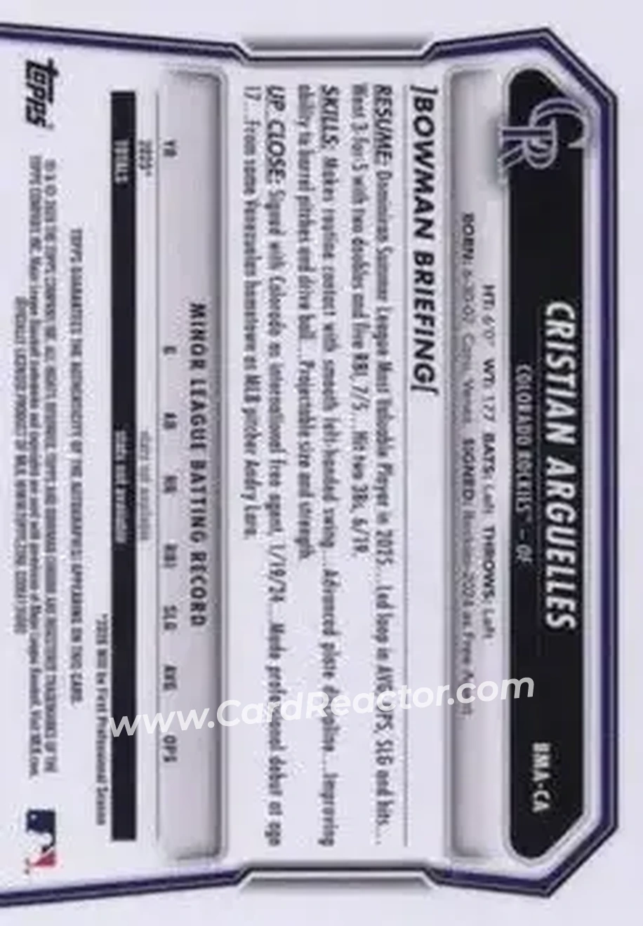 2026 Bowman - Chrome Autographs Mojo Aqua Refractors #BMA-CA - Cristian Arguelles - Colorado Rockies - Back