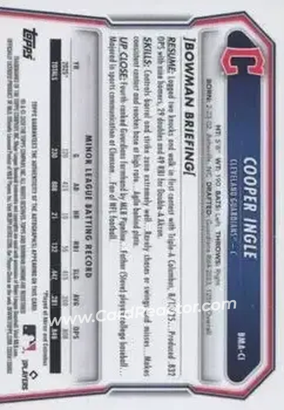 2026 Bowman - Chrome Autographs Mojo Aqua Refractors #BMA-CI - Cooper Ingle - Cleveland Guardians - Back