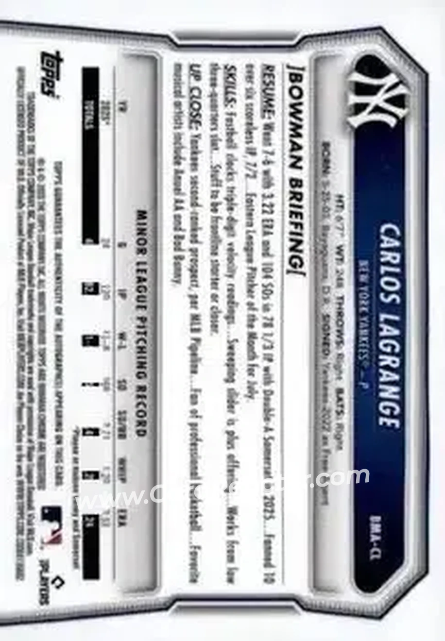 2026 Bowman - Chrome Autographs Mojo Aqua Refractors #BMA-CL - Carlos Lagrange - New York Yankees - Back