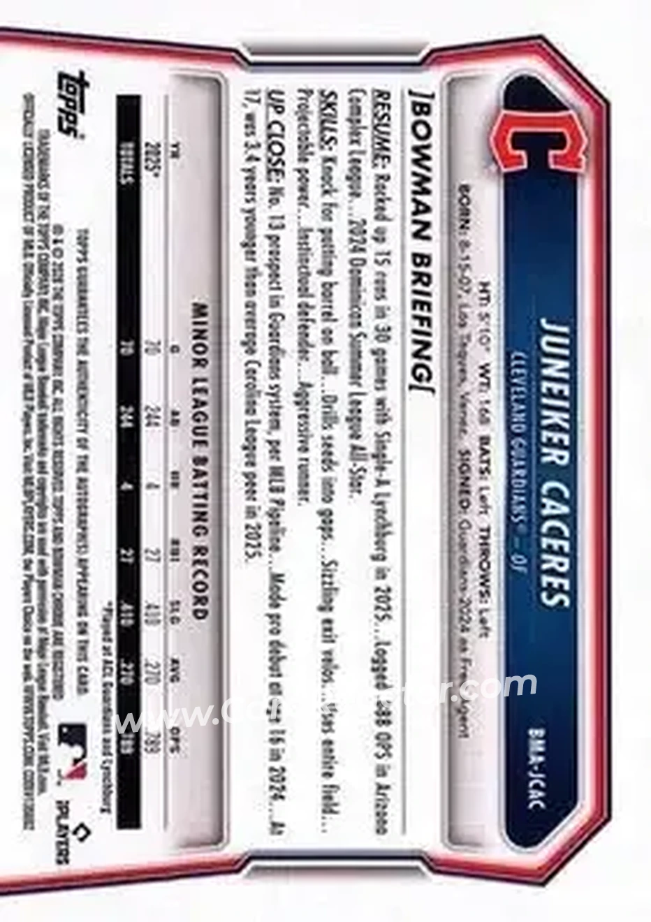 2026 Bowman - Chrome Autographs Mojo Aqua Refractors #BMA-JCAC - Juneiker Caceres - Cleveland Guardians - Back