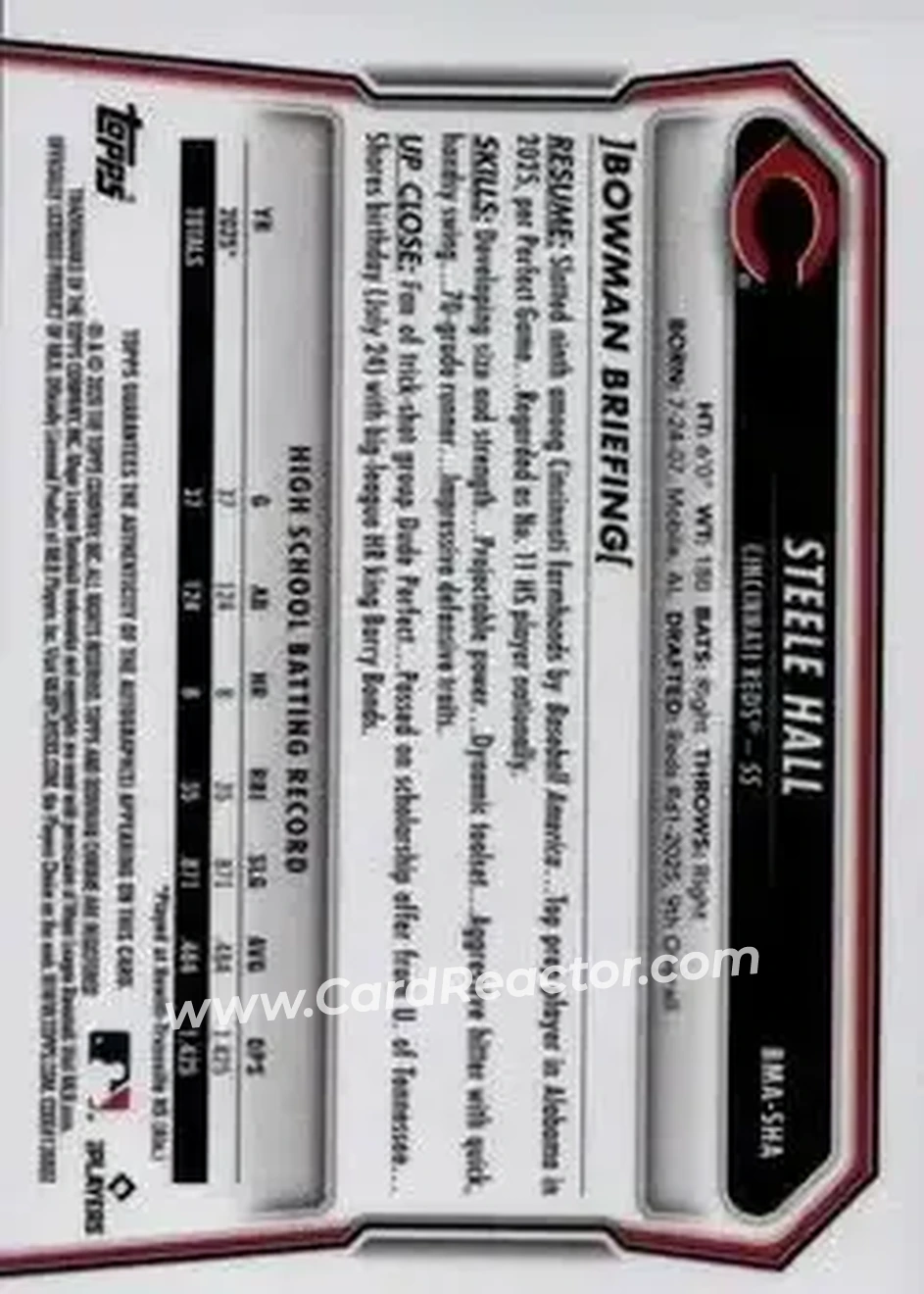 2026 Bowman - Chrome Autographs Mojo Aqua Refractors #BMA-SHA - Steele Hall - Cincinnati Reds - Back