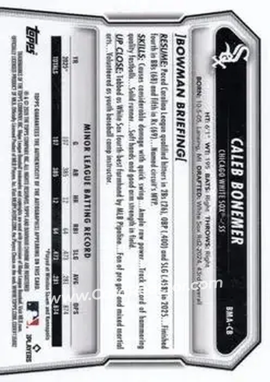 2026 Bowman - Chrome Autographs Mojo Black and White Refractors #BMA-CB - Caleb Bonemer - Chicago White Sox - Back