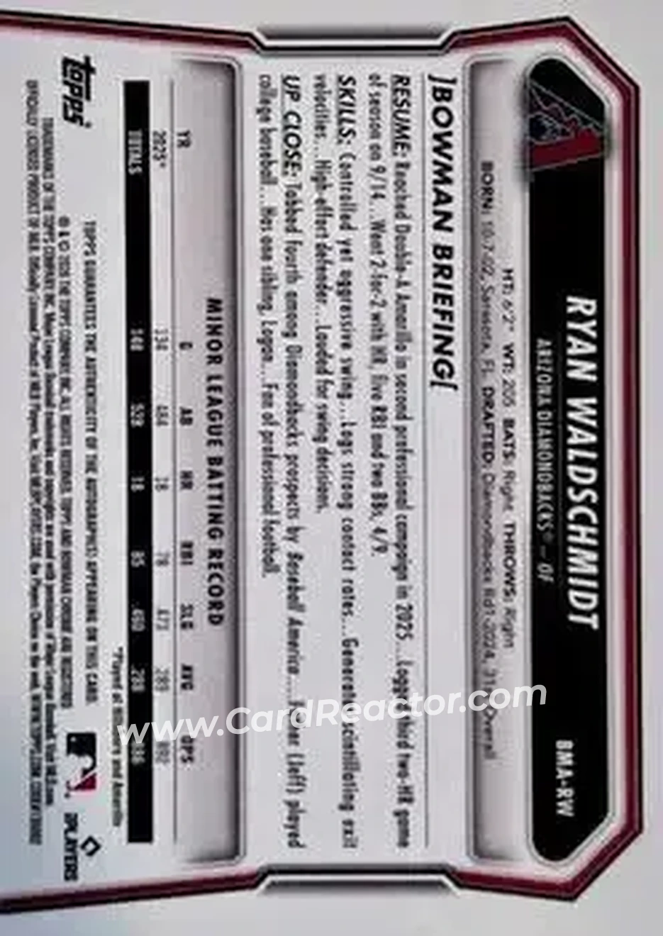 2026 Bowman - Chrome Autographs Mojo Black Refractors #BMA-RW - Ryan Waldschmidt - Arizona Diamondbacks - Back