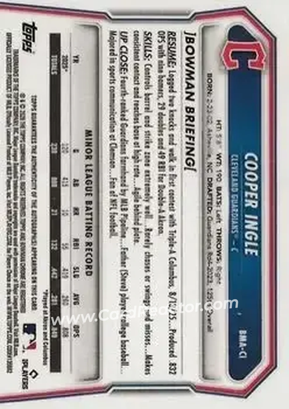2026 Bowman - Chrome Autographs Mojo Blue Refractors #BMA-CI - Cooper Ingle - Cleveland Guardians - Back
