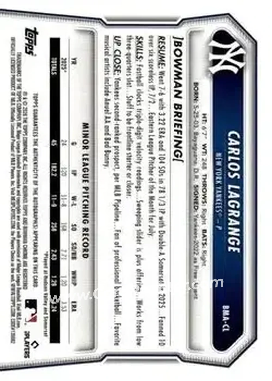 2026 Bowman - Chrome Autographs Mojo Blue Refractors #BMA-CL - Carlos Lagrange - New York Yankees - Back