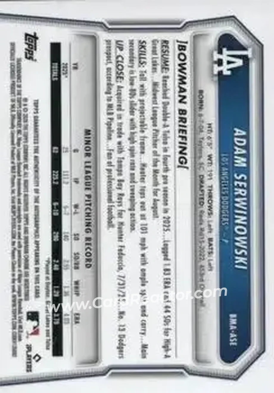 2026 Bowman - Chrome Autographs Mojo Gold Refractors #BMA-ASE - Adam Serwinowski - Los Angeles Dodgers - Back