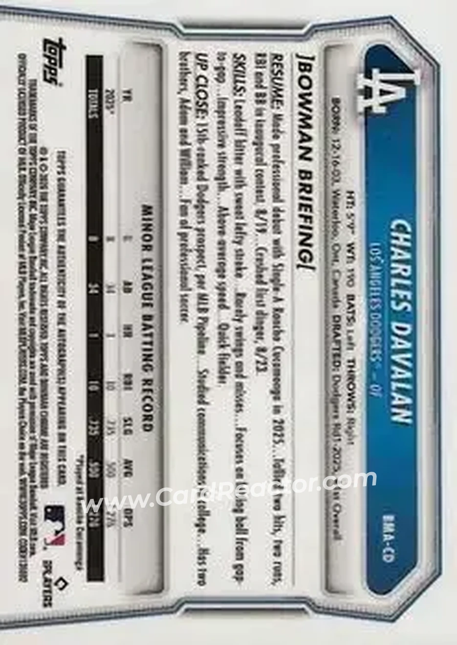 2026 Bowman - Chrome Autographs Mojo Gold Refractors #BMA-CD - Charles Davalan - Los Angeles Dodgers - Back 2026 Bowman - Chrome Autographs Mojo Gold Refractors #BMA-CD - Charles Davalan - Los Angeles Dodgers - Back