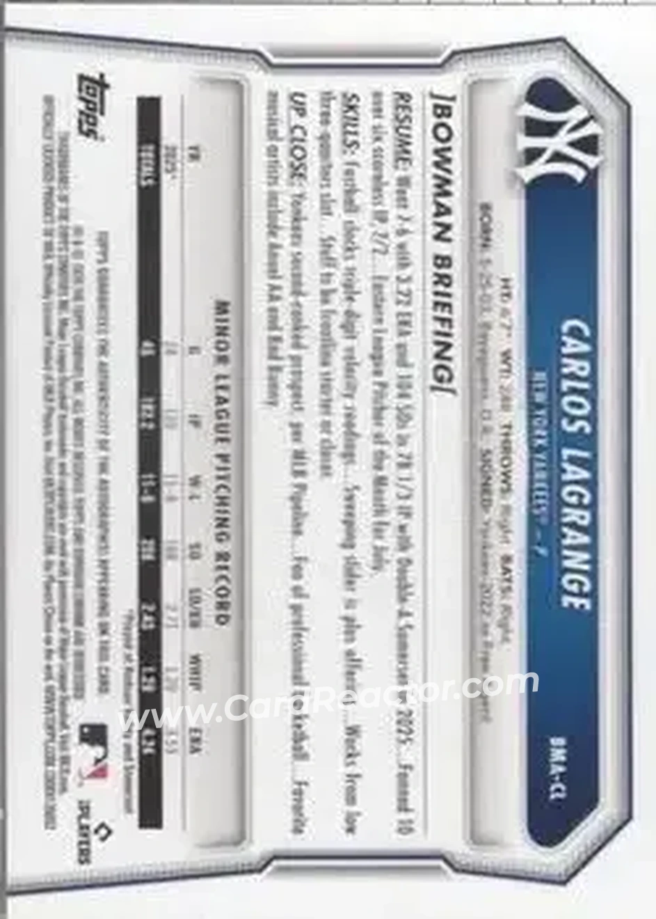 2026 Bowman - Chrome Autographs Mojo Gold Refractors #BMA-CL - Carlos Lagrange - New York Yankees - Back