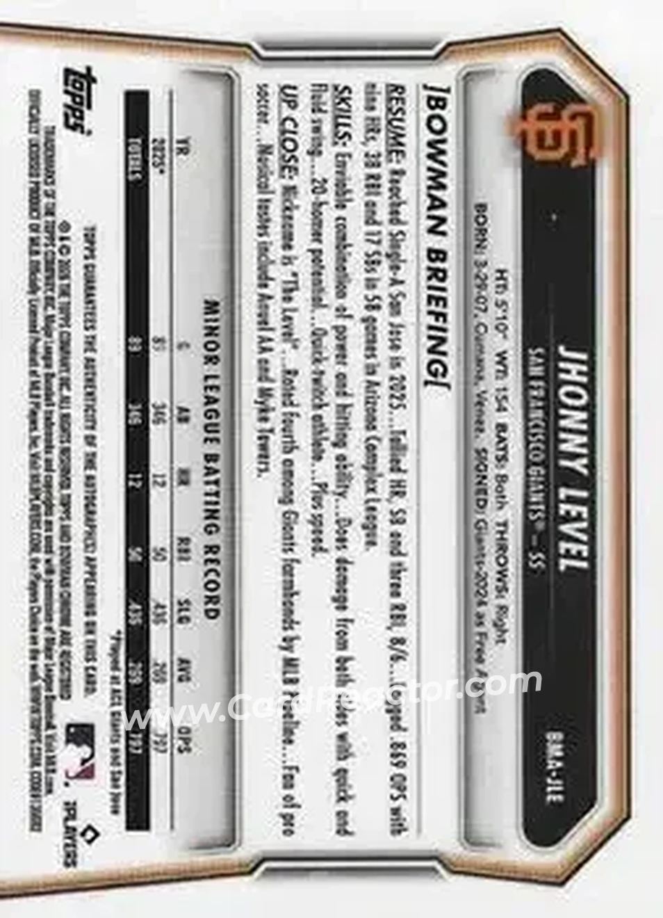 2026 Bowman - Chrome Autographs Mojo Gold Refractors #BMA-JLE - Jhonny Level - San Francisco Giants - Back