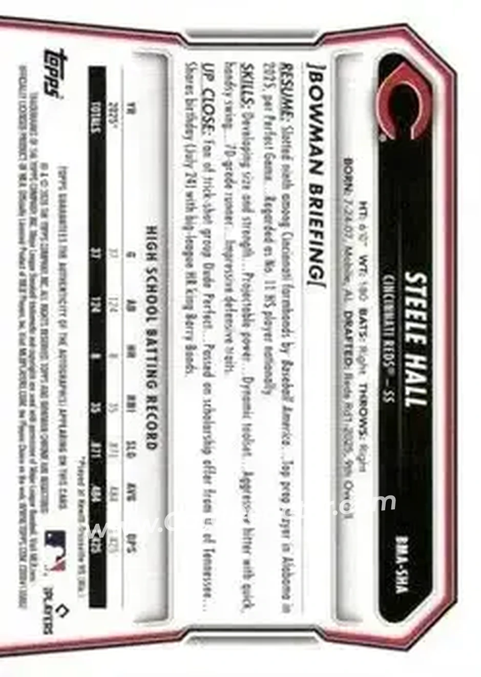 2026 Bowman - Chrome Autographs Mojo Gold Refractors #BMA-SHA - Steele Hall - Cincinnati Reds - Back