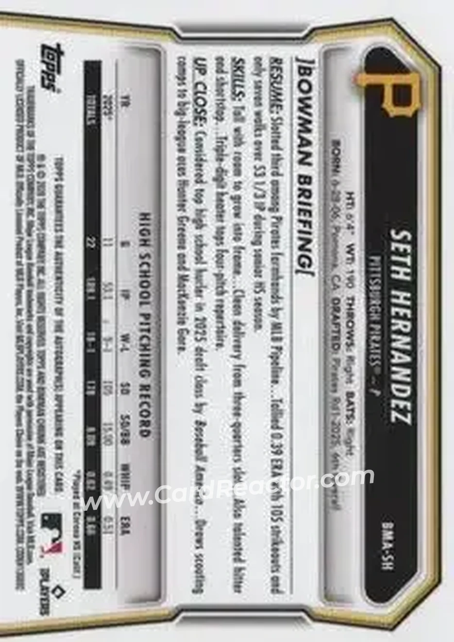 2026 Bowman - Chrome Autographs Mojo Green Refractors #BMA-SH - Seth Hernandez - Pittsburgh Pirates - Back