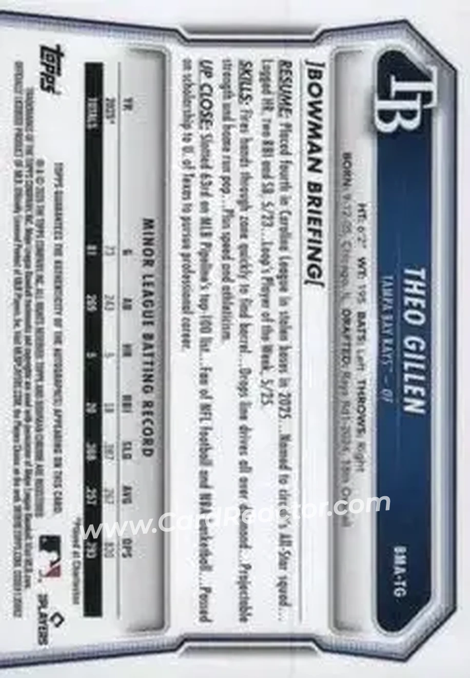 2026 Bowman - Chrome Autographs Mojo Green Refractors #BMA-TG - Theo Gillen - Tampa Bay Rays - Back
