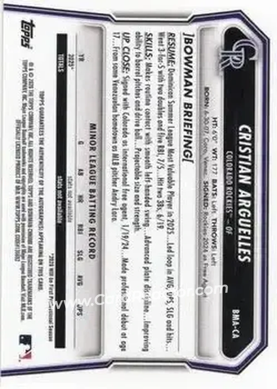 2026 Bowman - Chrome Autographs Mojo Orange Refractors #BMA-CA - Cristian Arguelles - Colorado Rockies - Back