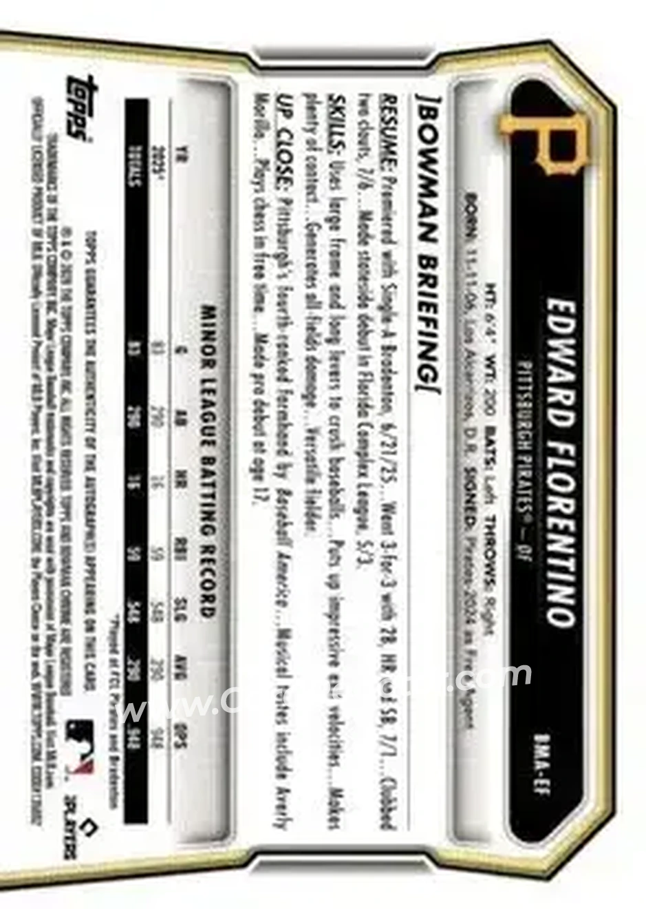 2026 Bowman - Chrome Autographs Mojo Purple Refractors #BMA-EF - Edward Florentino - Pittsburgh Pirates - Back