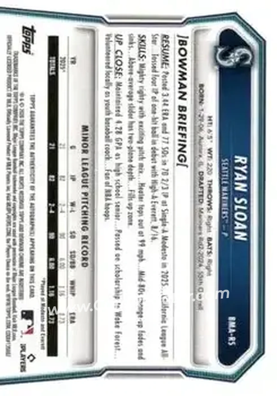 2026 Bowman - Chrome Autographs Mojo Purple Refractors #BMA-RS - Ryan Sloan - Seattle Mariners - Back