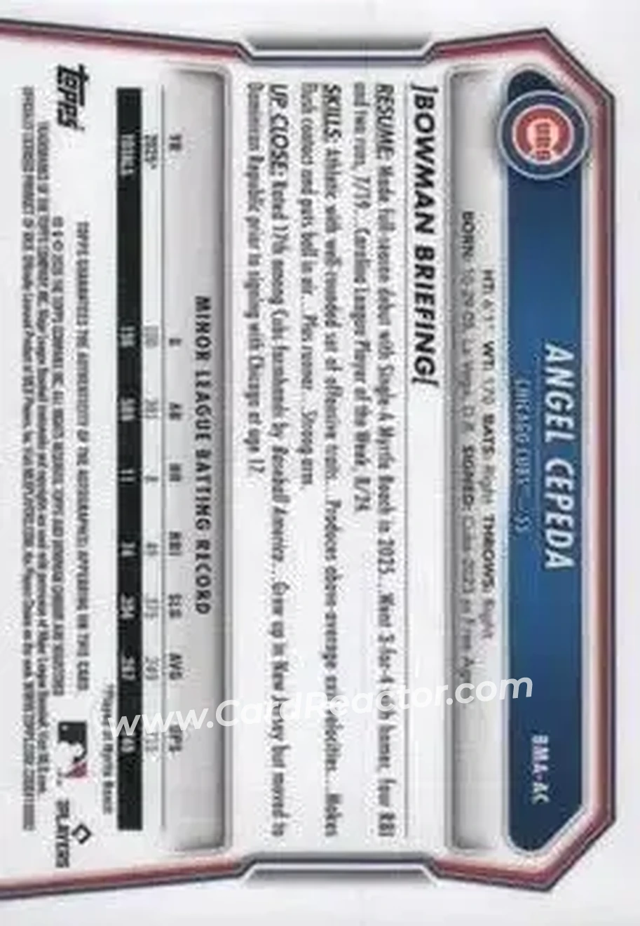 2026 Bowman - Chrome Autographs Mojo Refractors #BMA-AC - Angel Cepeda - Chicago Cubs - Back
