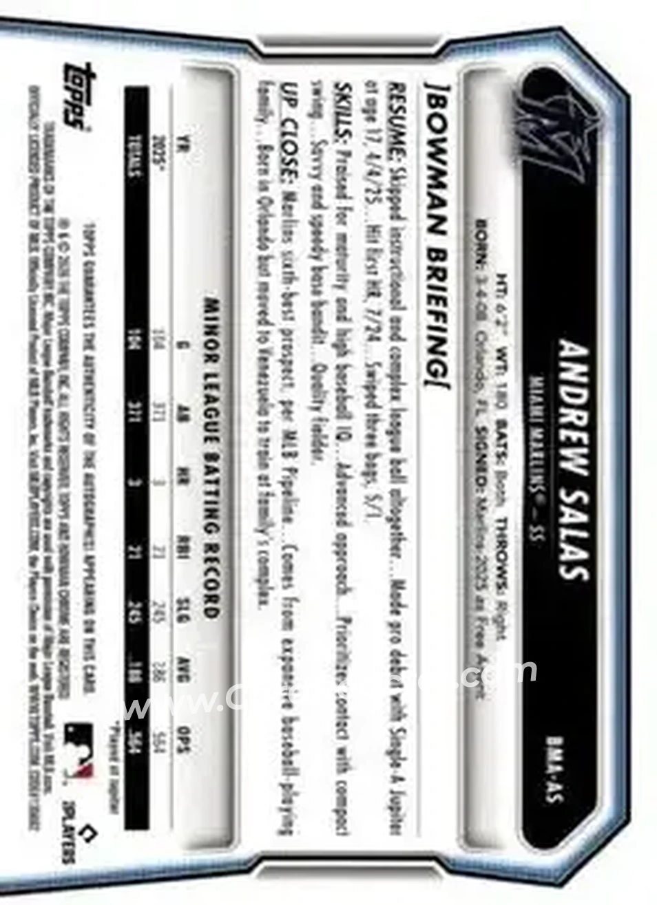 2026 Bowman - Chrome Autographs Mojo Refractors #BMA-AS - Andrew Salas - Miami Marlins - Back