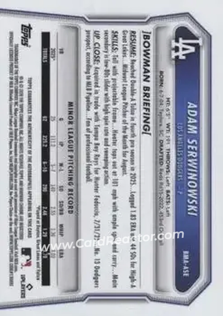 2026 Bowman - Chrome Autographs Mojo Refractors #BMA-ASE - Adam Serwinowski - Los Angeles Dodgers - Back