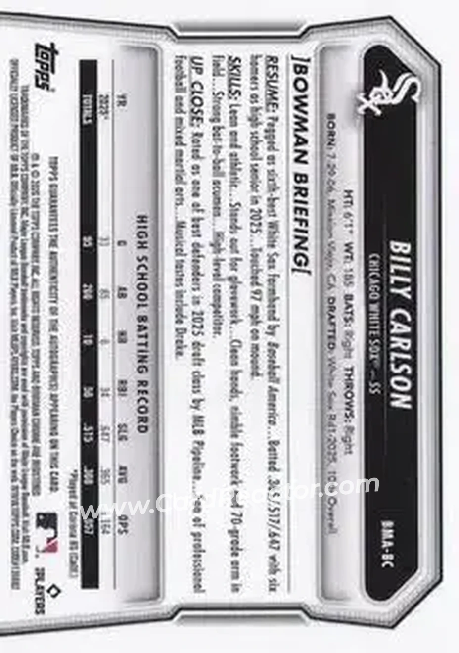 2026 Bowman - Chrome Autographs Mojo Refractors #BMA-BC - Billy Carlson - Chicago White Sox - Back