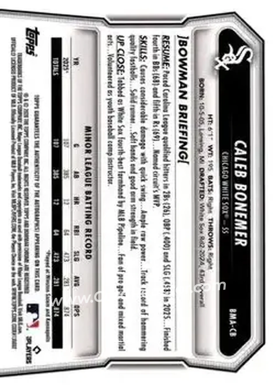 2026 Bowman - Chrome Autographs Mojo Refractors #BMA-CB - Caleb Bonemer - Chicago White Sox - Back