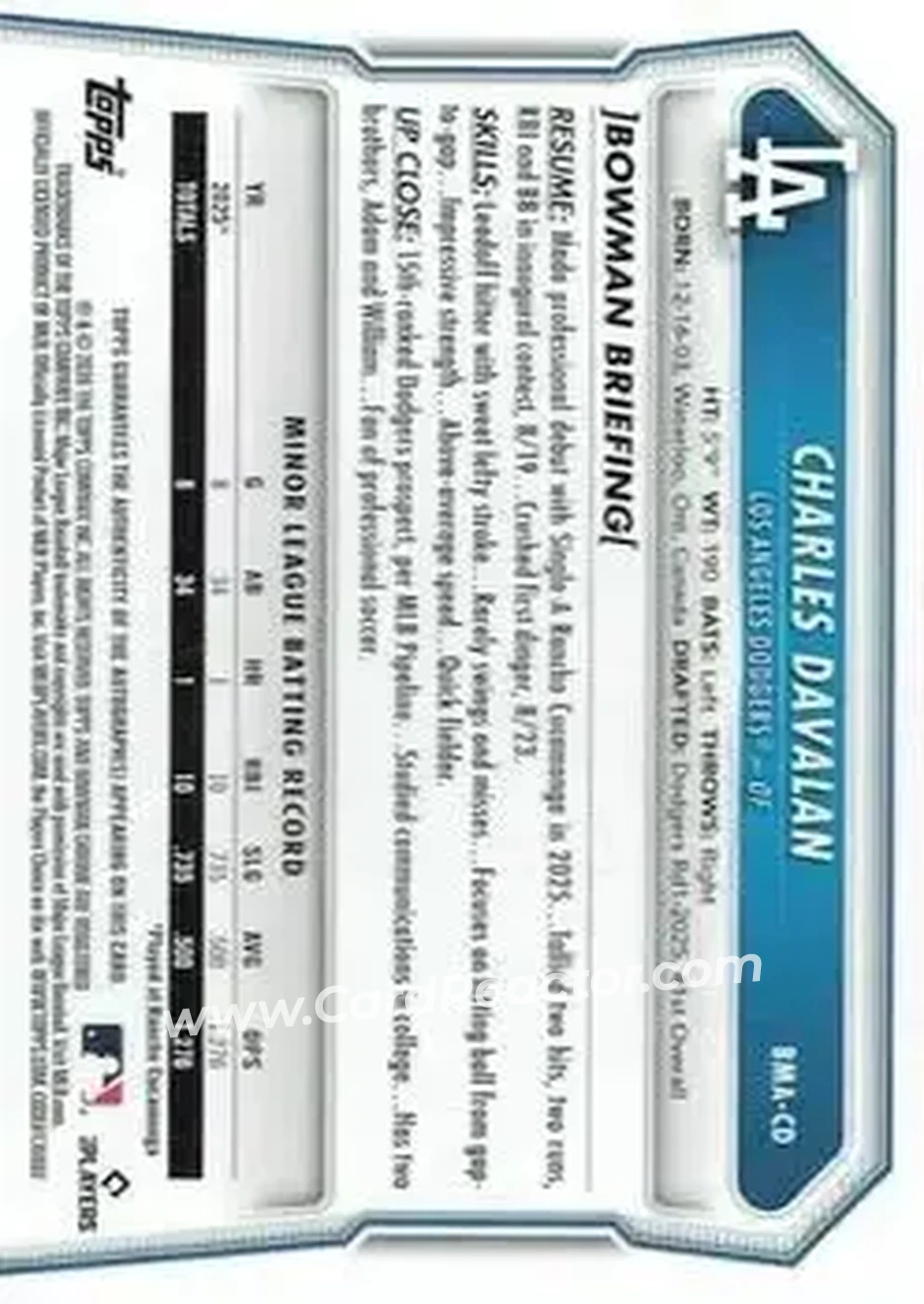 2026 Bowman - Chrome Autographs Mojo Refractors #BMA-CD - Charles Davalan - Los Angeles Dodgers - Back