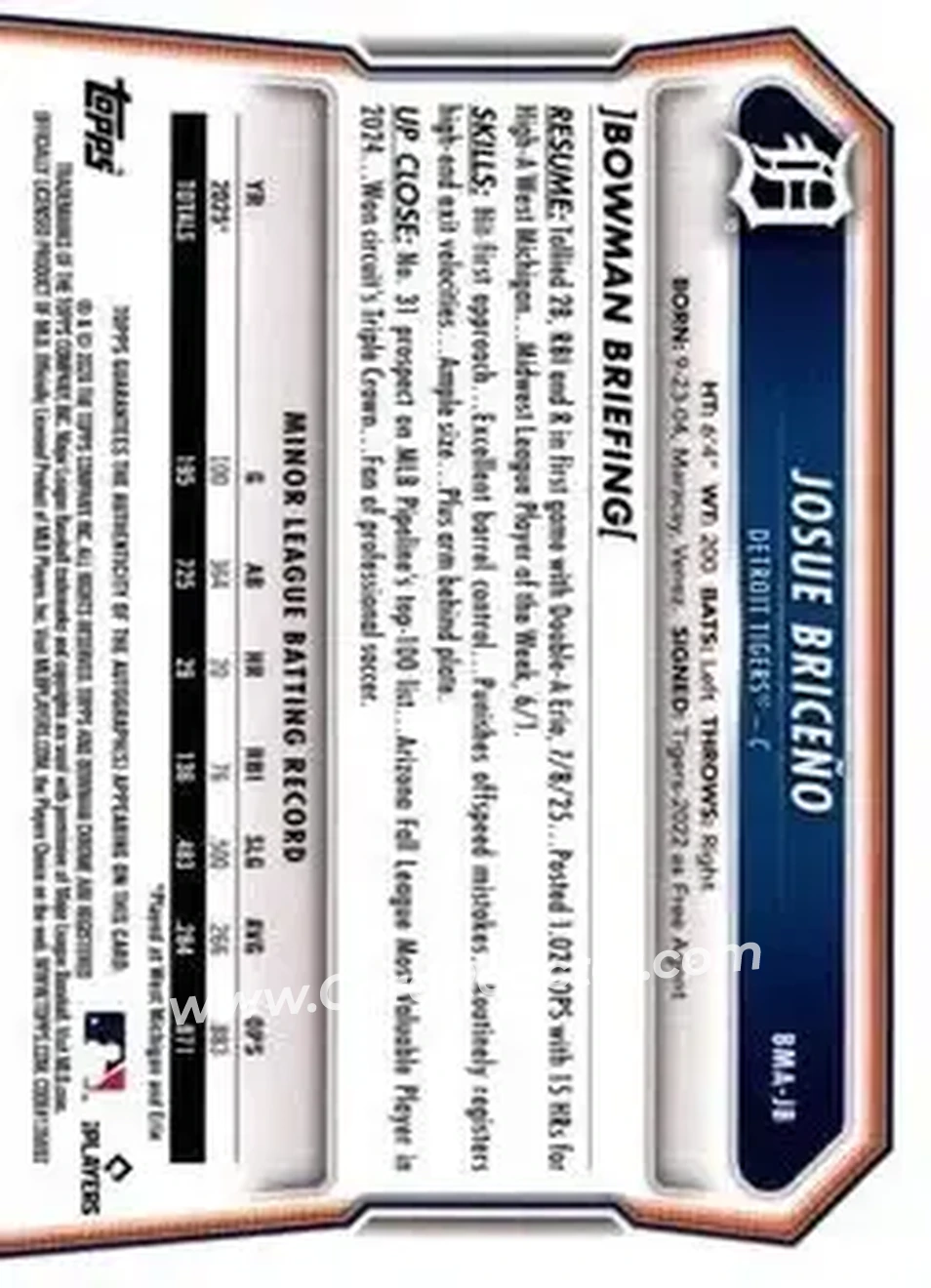 2026 Bowman - Chrome Autographs Mojo Refractors #BMA-JB - Josue Briceño - Detroit Tigers - Back