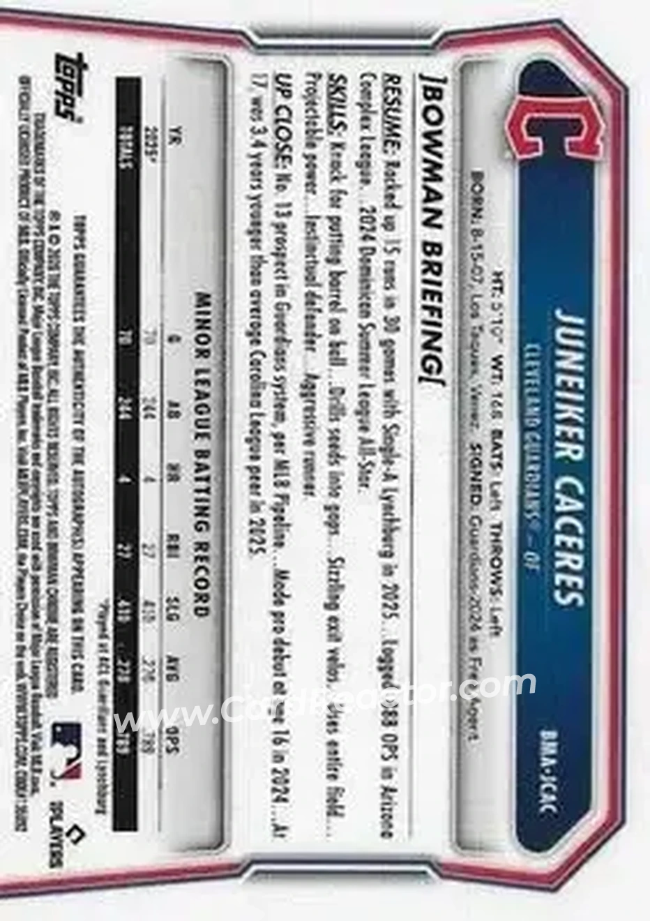 2026 Bowman - Chrome Autographs Mojo Refractors #BMA-JCAC - Juneiker Caceres - Cleveland Guardians - Back