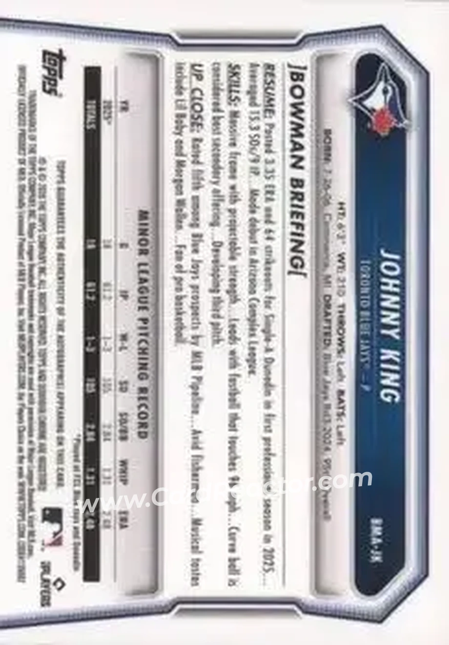2026 Bowman - Chrome Autographs Mojo Refractors #BMA-JK - Johnny King - Toronto Blue Jays - Back