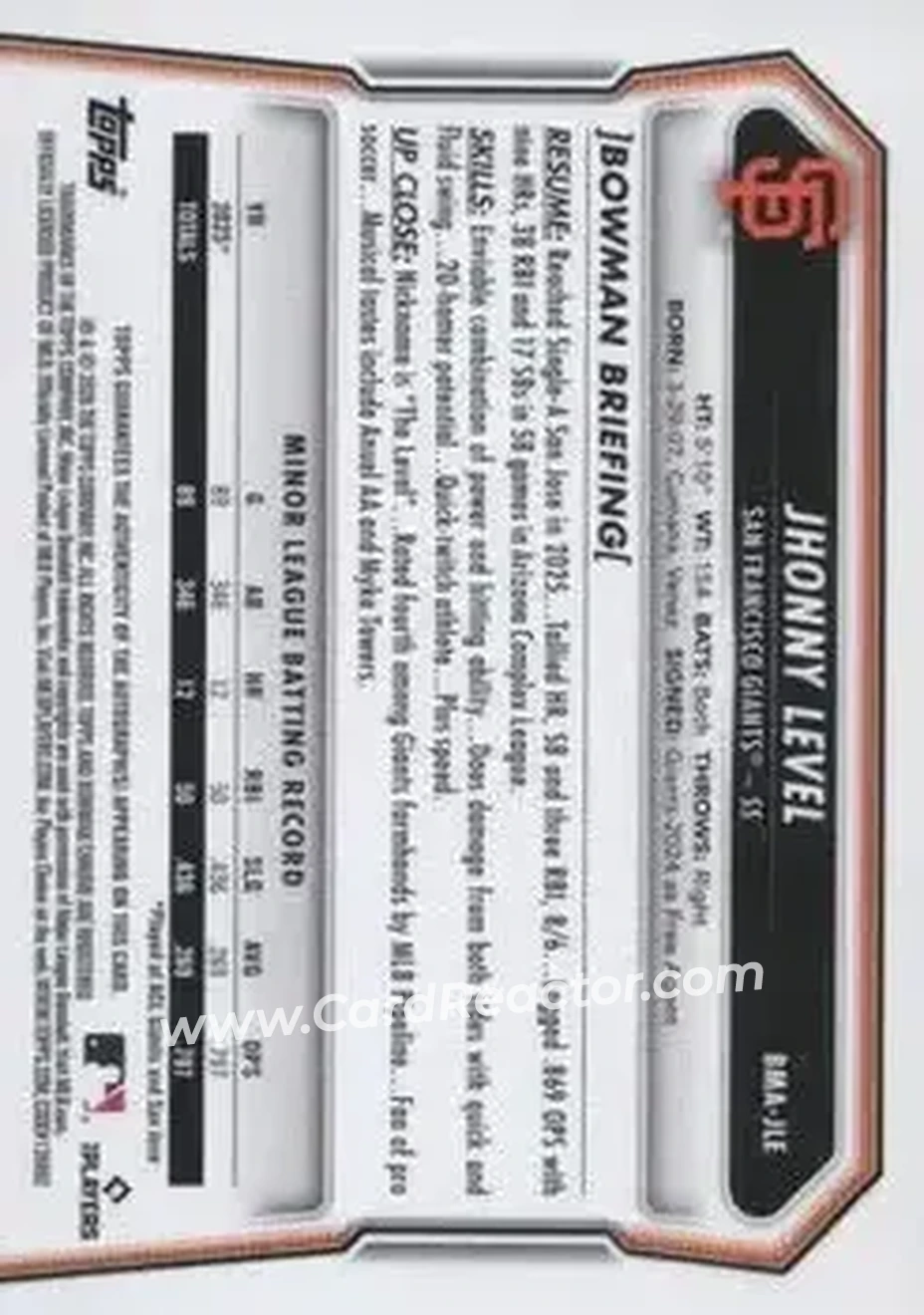 2026 Bowman - Chrome Autographs Mojo Refractors #BMA-JLE - Jhonny Level - San Francisco Giants - Back