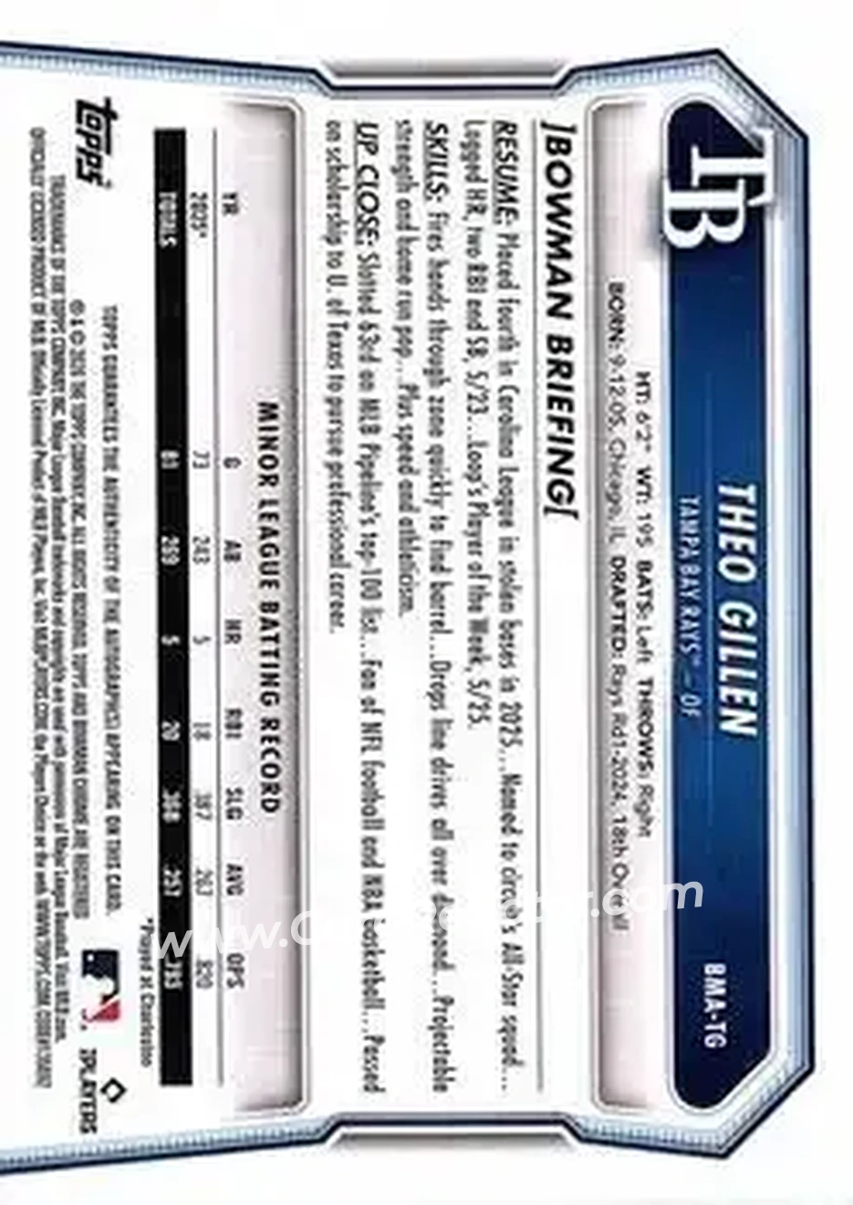 2026 Bowman - Chrome Autographs Mojo Refractors #BMA-TG - Theo Gillen - Tampa Bay Rays - Back
