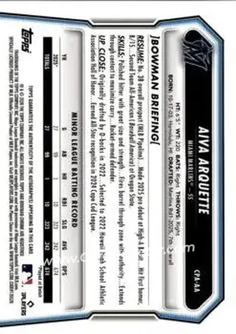 2026 Bowman - Chrome Prospect Autographs #CPA-AA - Aiva Arquette - Miami Marlins - Back