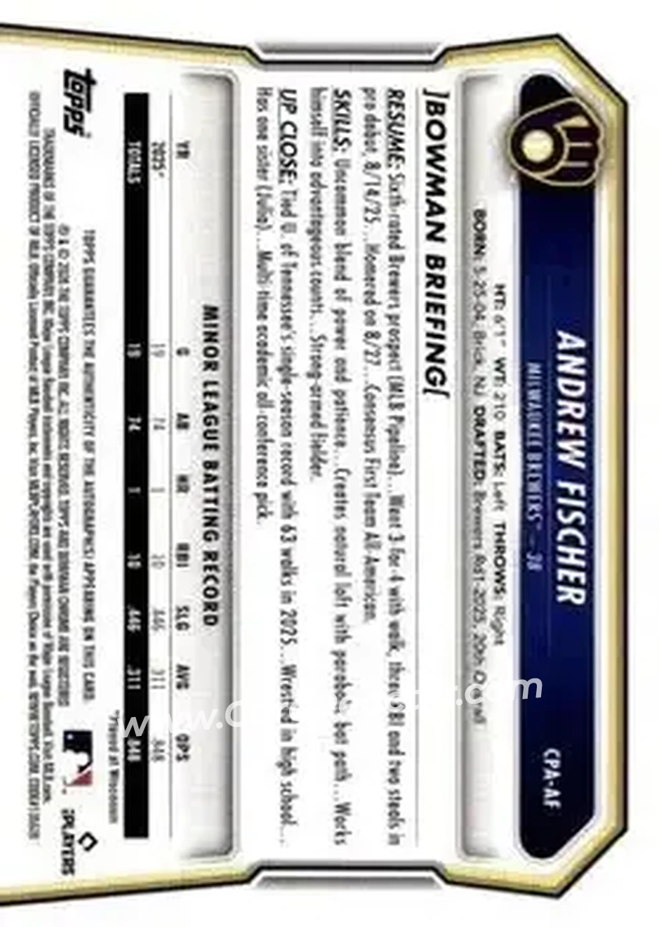 2026 Bowman - Chrome Prospect Autographs #CPA-AF - Andrew Fischer - Milwaukee Brewers - Back