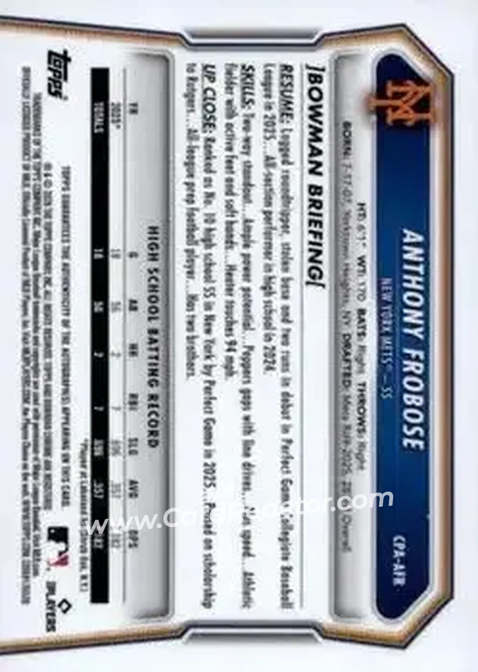 2026 Bowman - Chrome Prospect Autographs #CPA-AFR - Anthony Frobose - New York Mets - Back