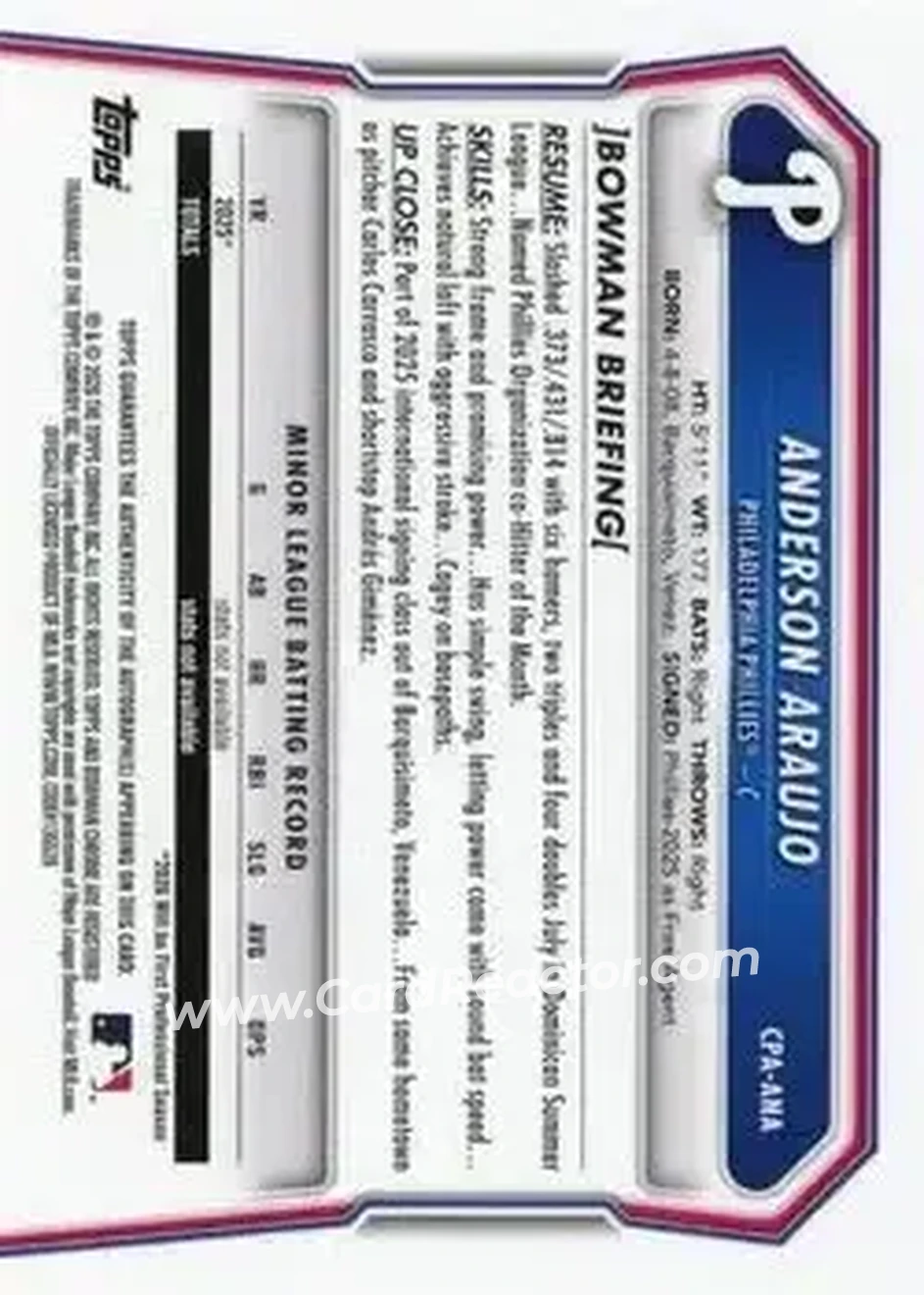 2026 Bowman - Chrome Prospect Autographs #CPA-ANA - Anderson Araujo - Philadelphia Phillies - Back