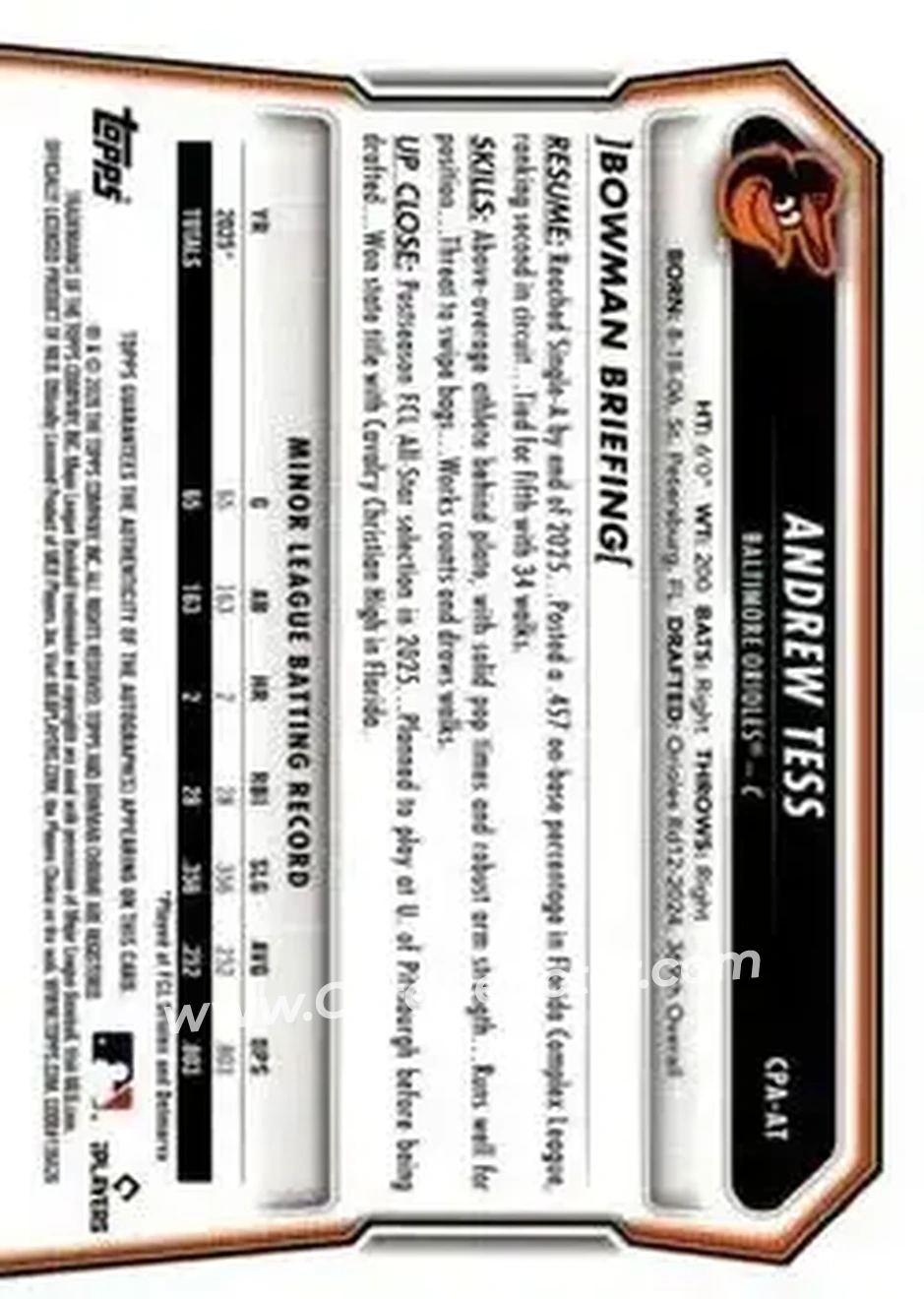 2026 Bowman - Chrome Prospect Autographs #CPA-AT - Andrew Tess - Baltimore Orioles - Back