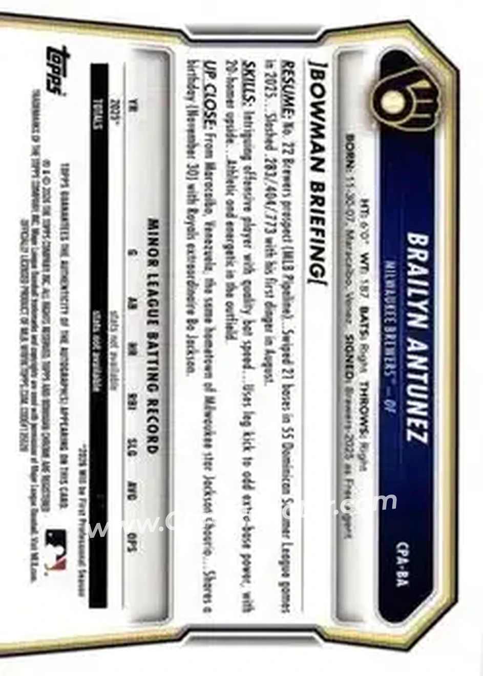 2026 Bowman - Chrome Prospect Autographs #CPA-BA - Brailyn Antunez - Milwaukee Brewers - Back