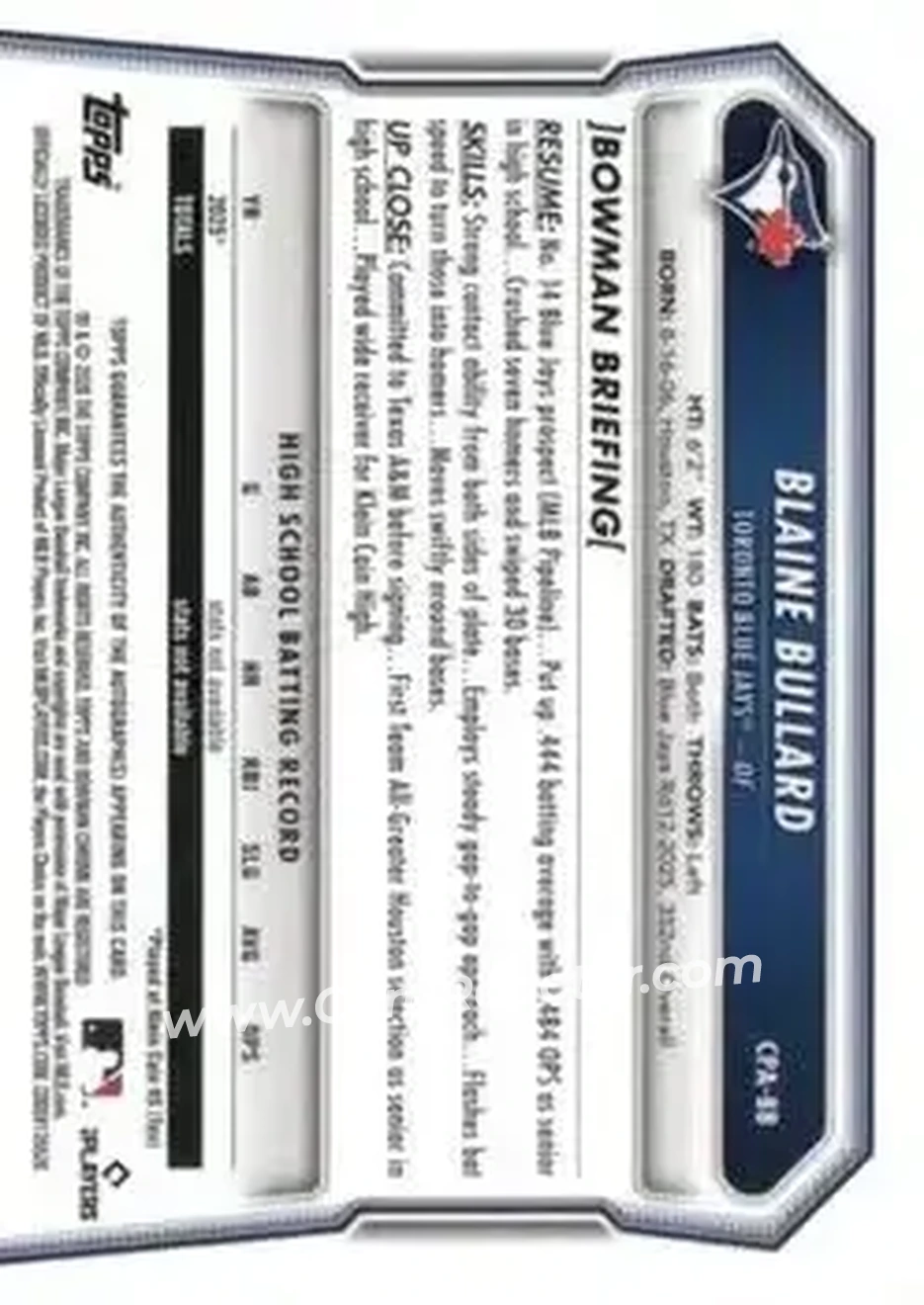 2026 Bowman - Chrome Prospect Autographs #CPA-BB - Blaine Bullard - Toronto Blue Jays - Back
