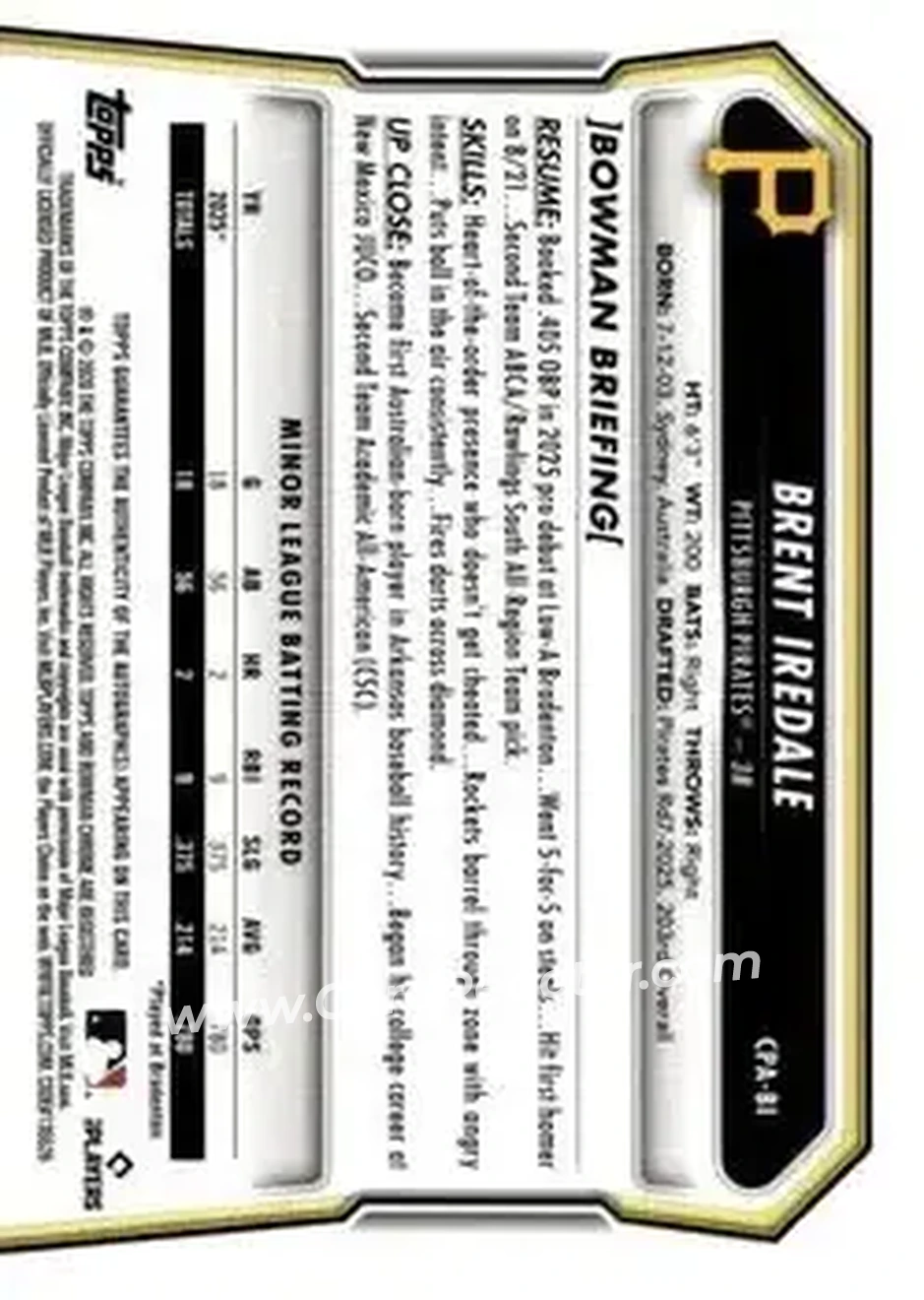 2026 Bowman - Chrome Prospect Autographs #CPA-BI - Brent Iredale - Pittsburgh Pirates - Back