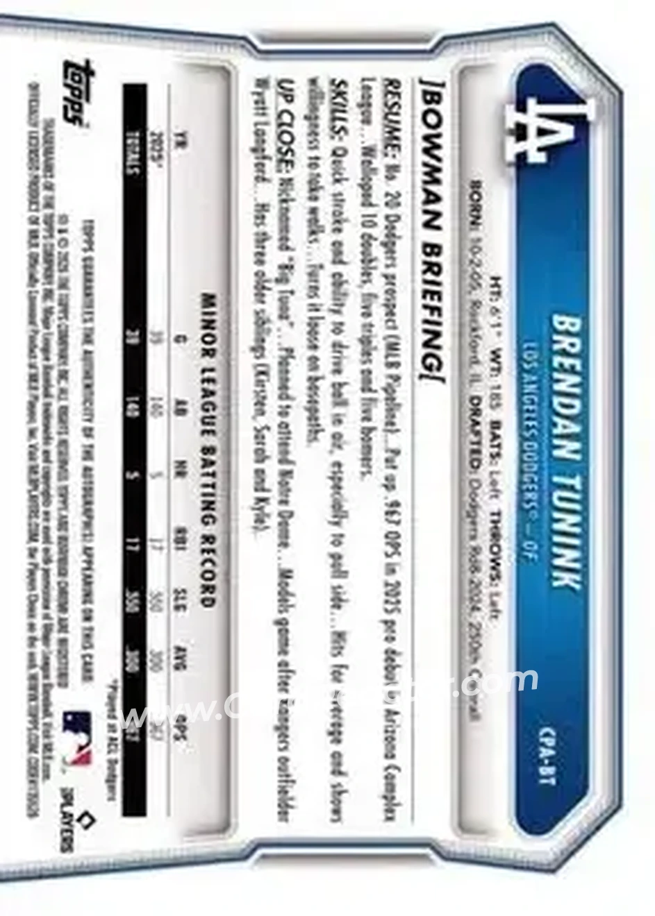 2026 Bowman - Chrome Prospect Autographs #CPA-BT - Brendan Tunink - Los Angeles Dodgers - Back