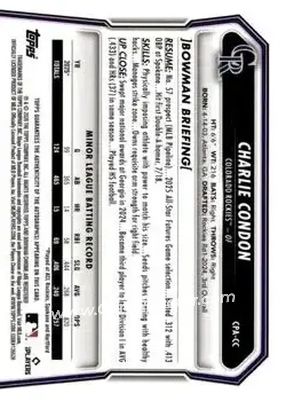 2026 Bowman - Chrome Prospect Autographs #CPA-CC - Charlie Condon - Colorado Rockies - Back