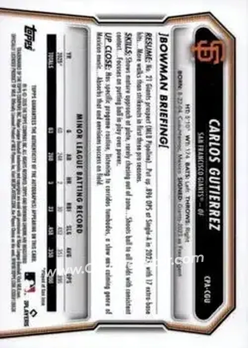 2026 Bowman - Chrome Prospect Autographs #CPA-CGU - Carlos Gutierrez - San Francisco Giants - Back