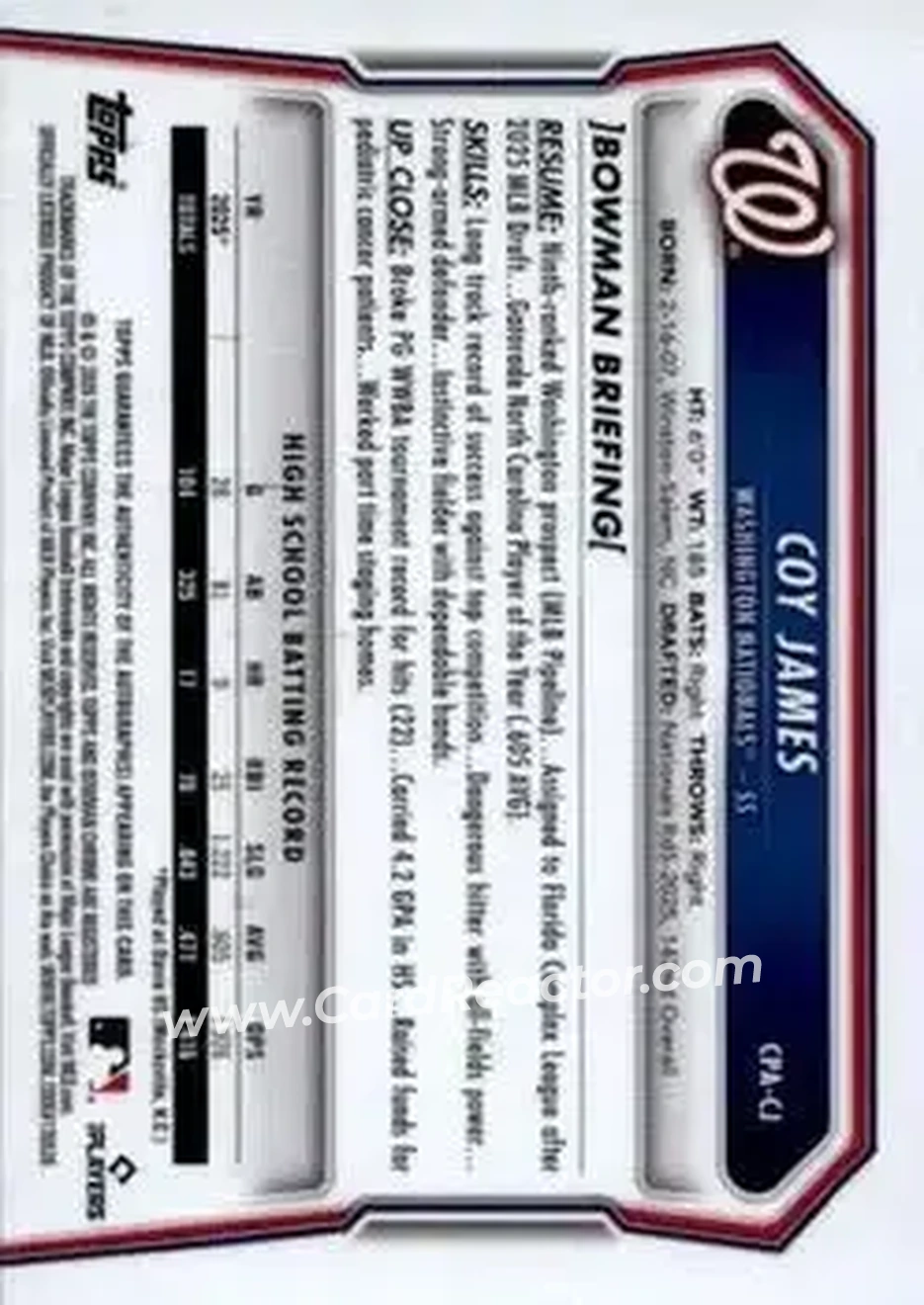 2026 Bowman - Chrome Prospect Autographs #CPA-CJ - Coy James - Washington Nationals - Back