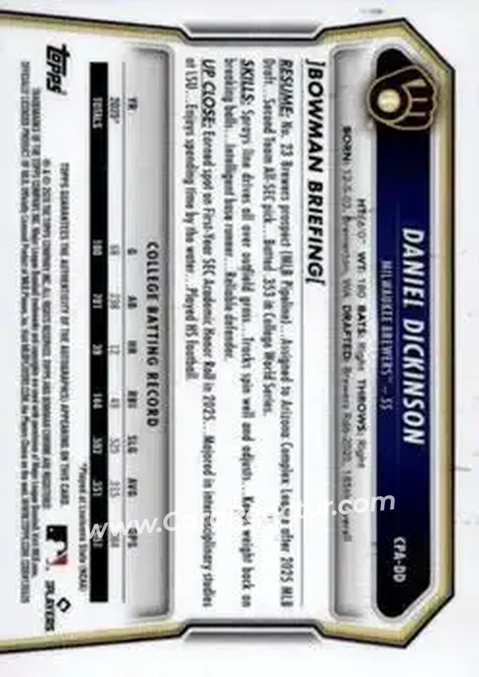 2026 Bowman - Chrome Prospect Autographs #CPA-DD - Daniel Dickinson - Milwaukee Brewers - Back