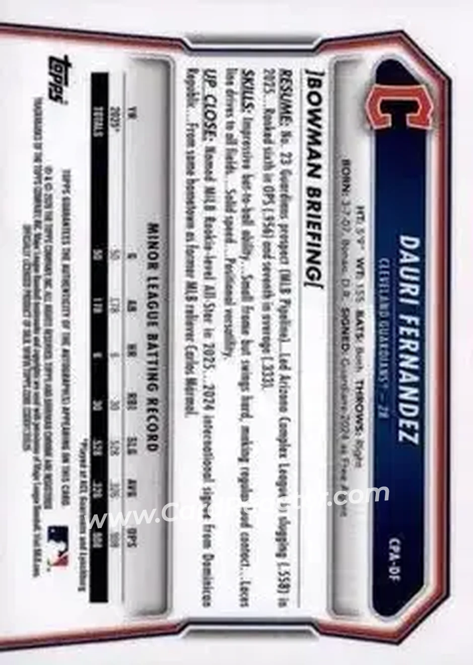 2026 Bowman - Chrome Prospect Autographs #CPA-DF - Dauri Fernandez - Cleveland Guardians - Back