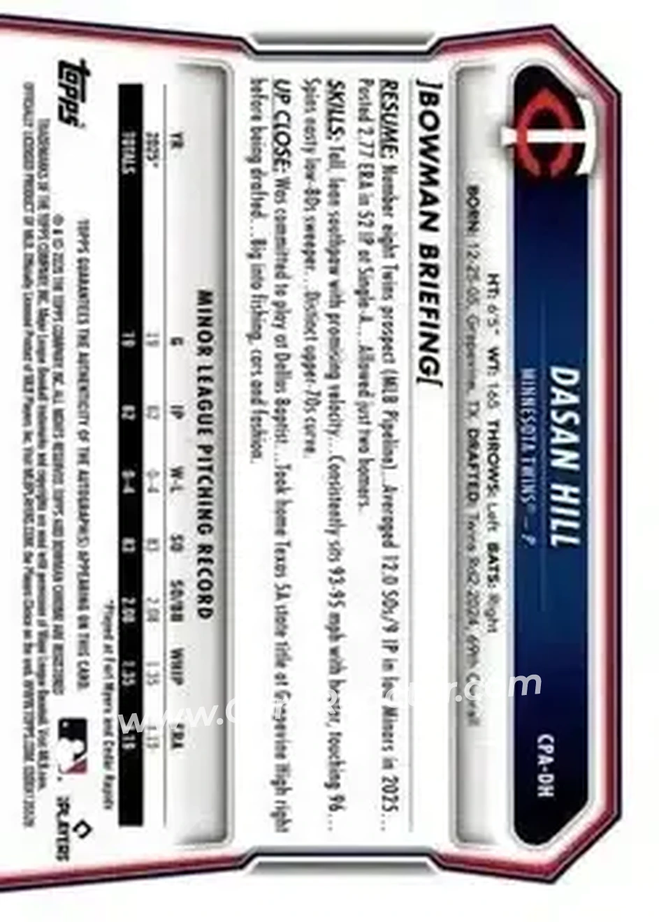 2026 Bowman - Chrome Prospect Autographs #CPA-DH - Dasan Hill - Minnesota Twins - Back